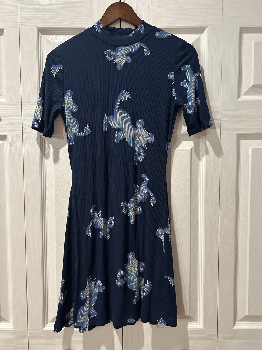 Disingual Navy Mini Dress with Cream and Light Blue Tiger Motif.